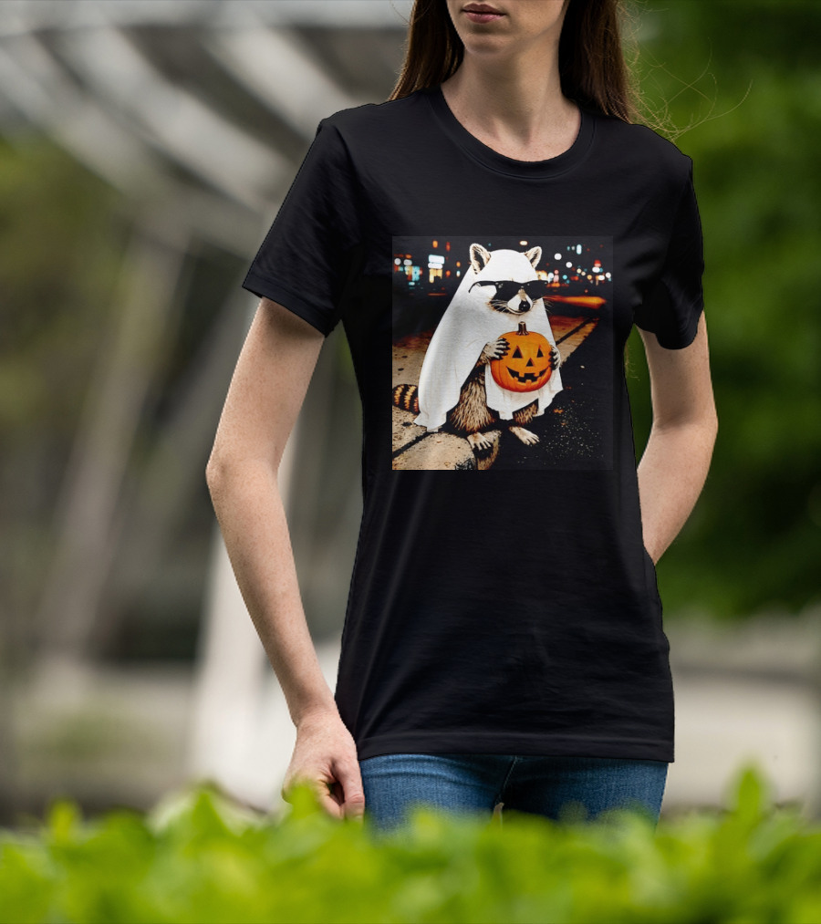 Raccoon Ghost Sunglasses Pumpkin Halloween Street Scene T-Shirt
