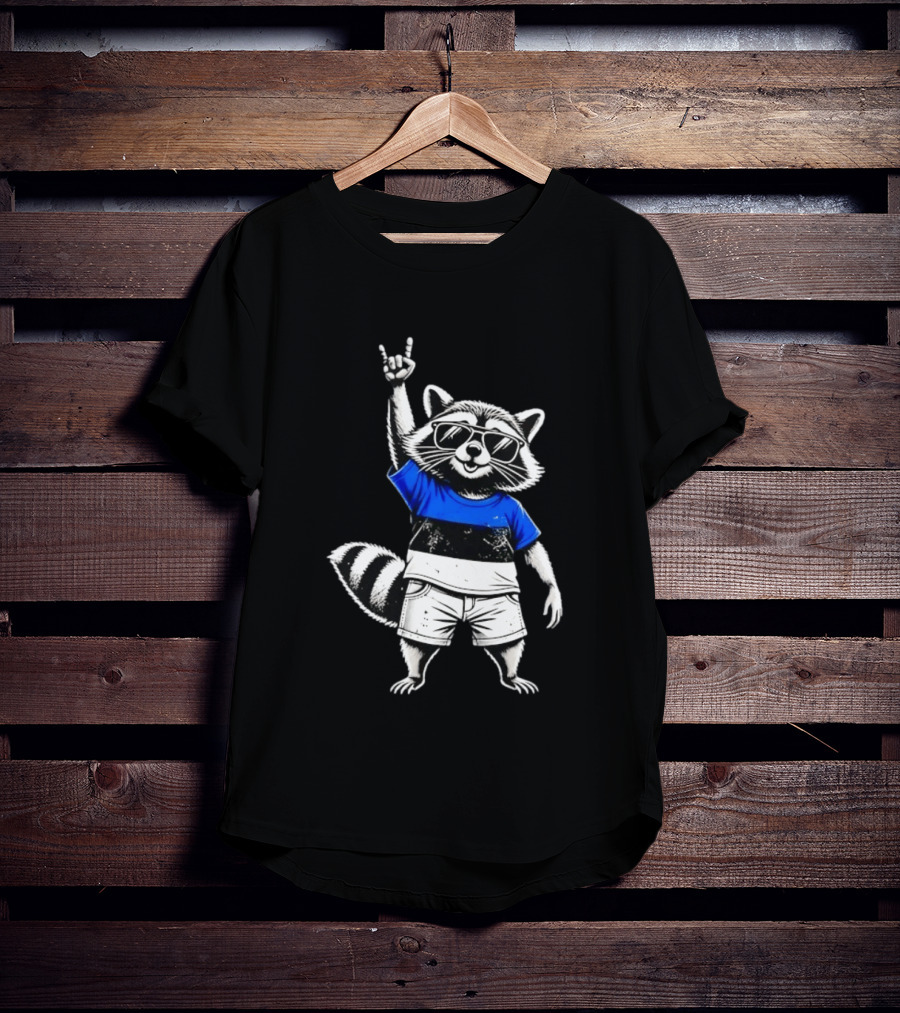 Rocking Raccoon Estonia Flag Style With Sunglasses And Hand Gesture T-Shirt