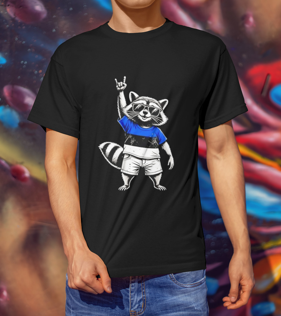Rocking Raccoon Estonia Flag Style With Sunglasses And Hand Gesture T-Shirt