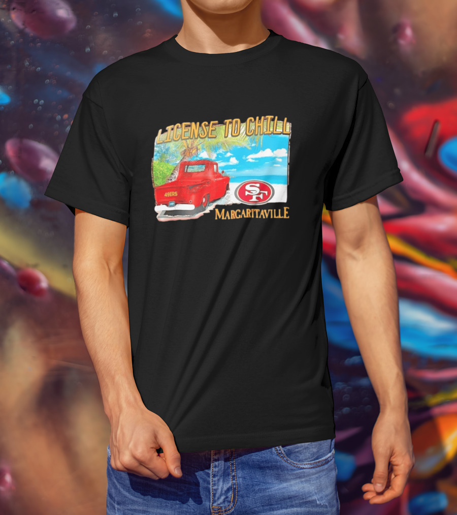 San Francisco 49ers License To Chill Margaritaville Beach Scene Vintage Truck T-Shirt