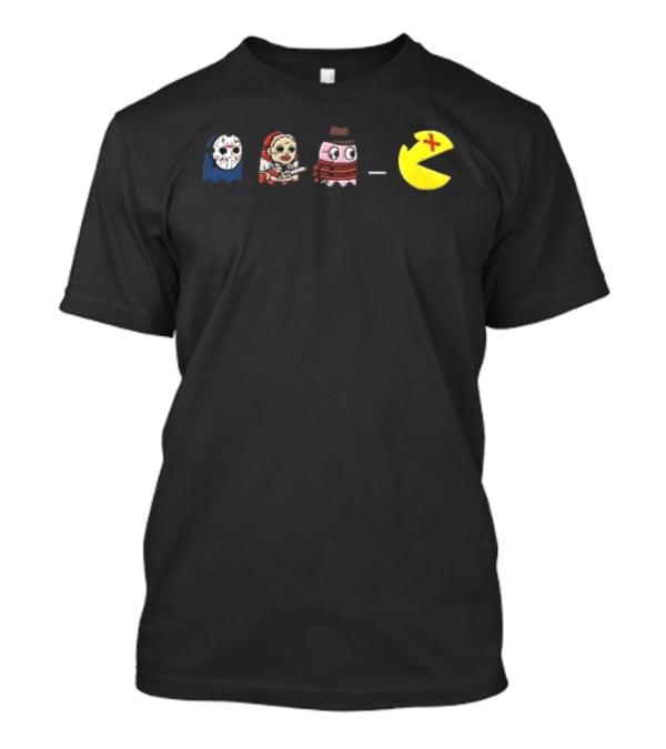 Horror Movie Ghosts Jason Freddy Chasing Stabbed Pac Man T-Shirt