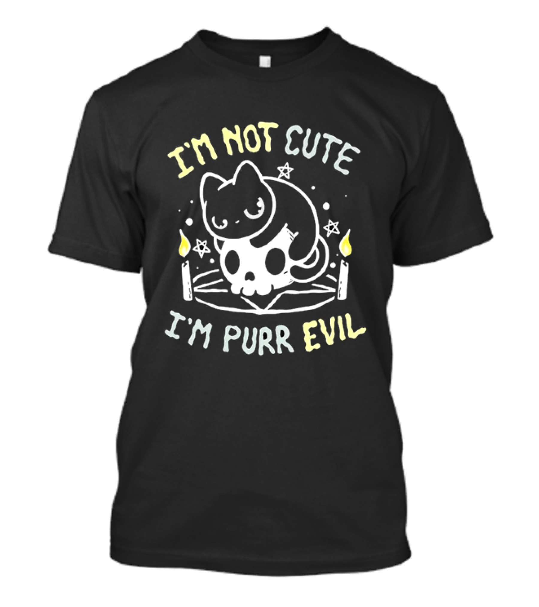 I'm Not Cute I'm Purr Evil Cat On Skull With Pentagram And Candles T-Shirt
