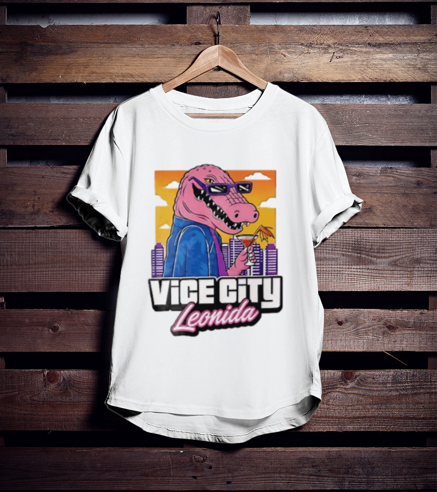 Vice City Leonida Pink Alligator Sunglasses Cocktail Cityscape T-Shirt