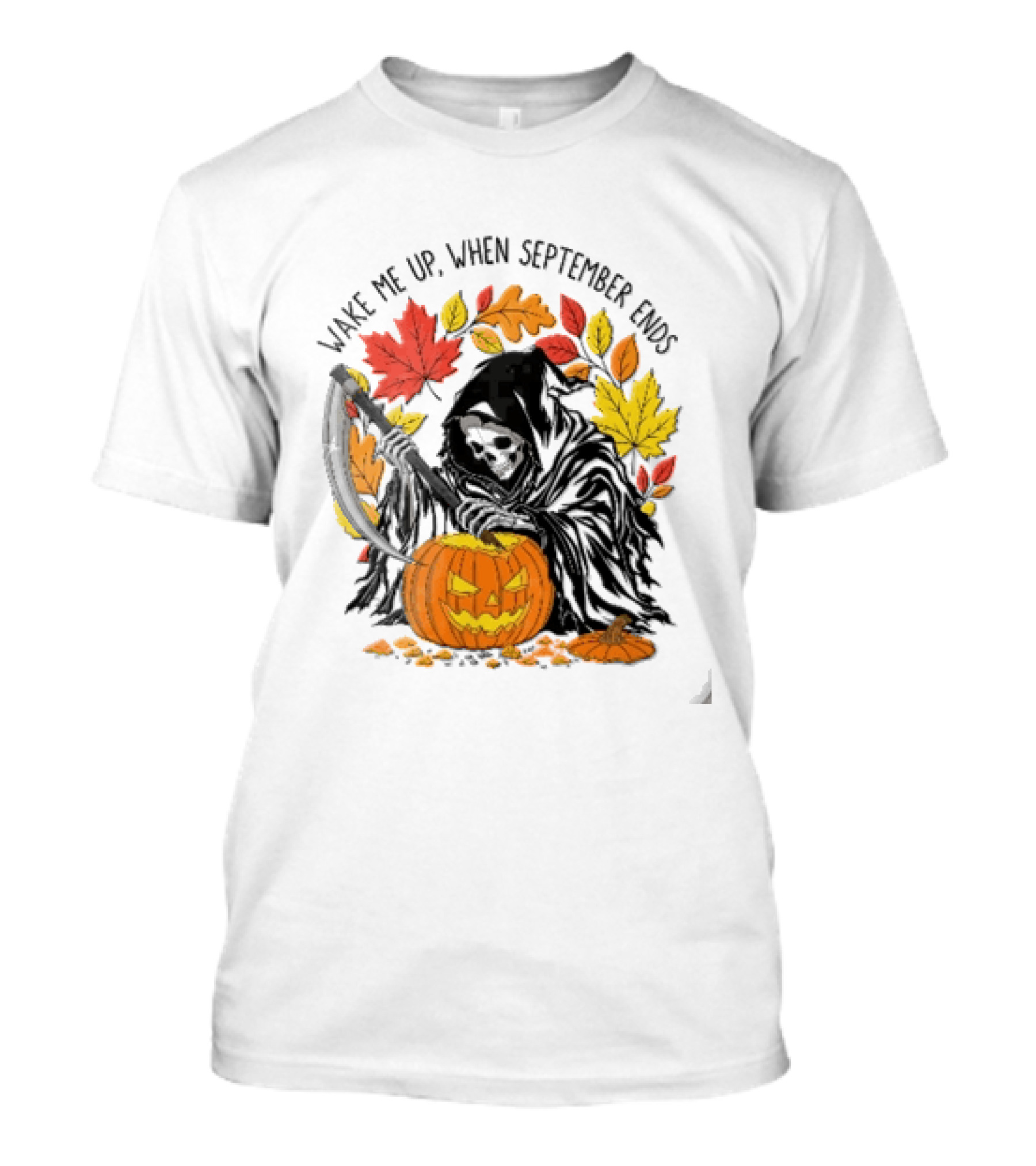 Wake Me Up When September Ends Grim Reaper Carving Jack O Lantern Autumn Leaves T-Shirt