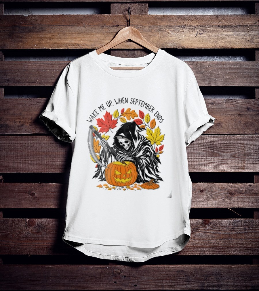 Wake Me Up When September Ends Grim Reaper Carving Jack O Lantern Autumn Leaves T-Shirt