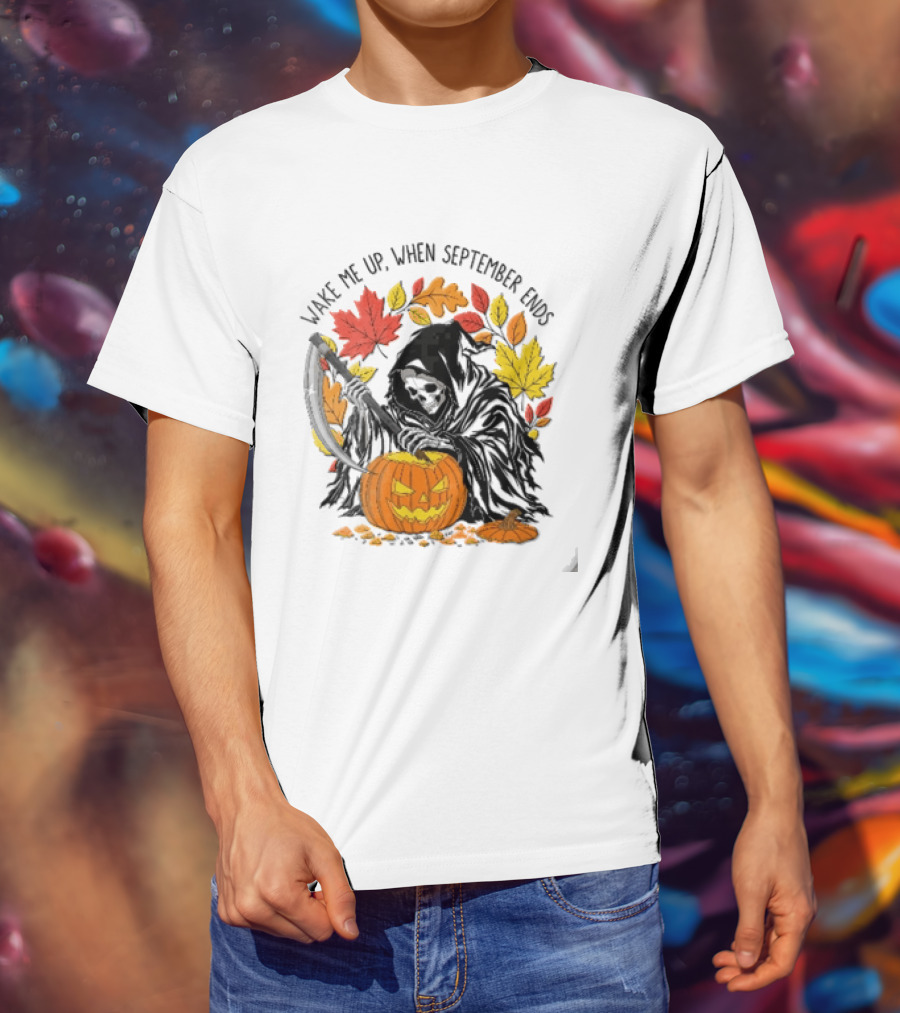 Wake Me Up When September Ends Grim Reaper Carving Jack O Lantern Autumn Leaves T-Shirt