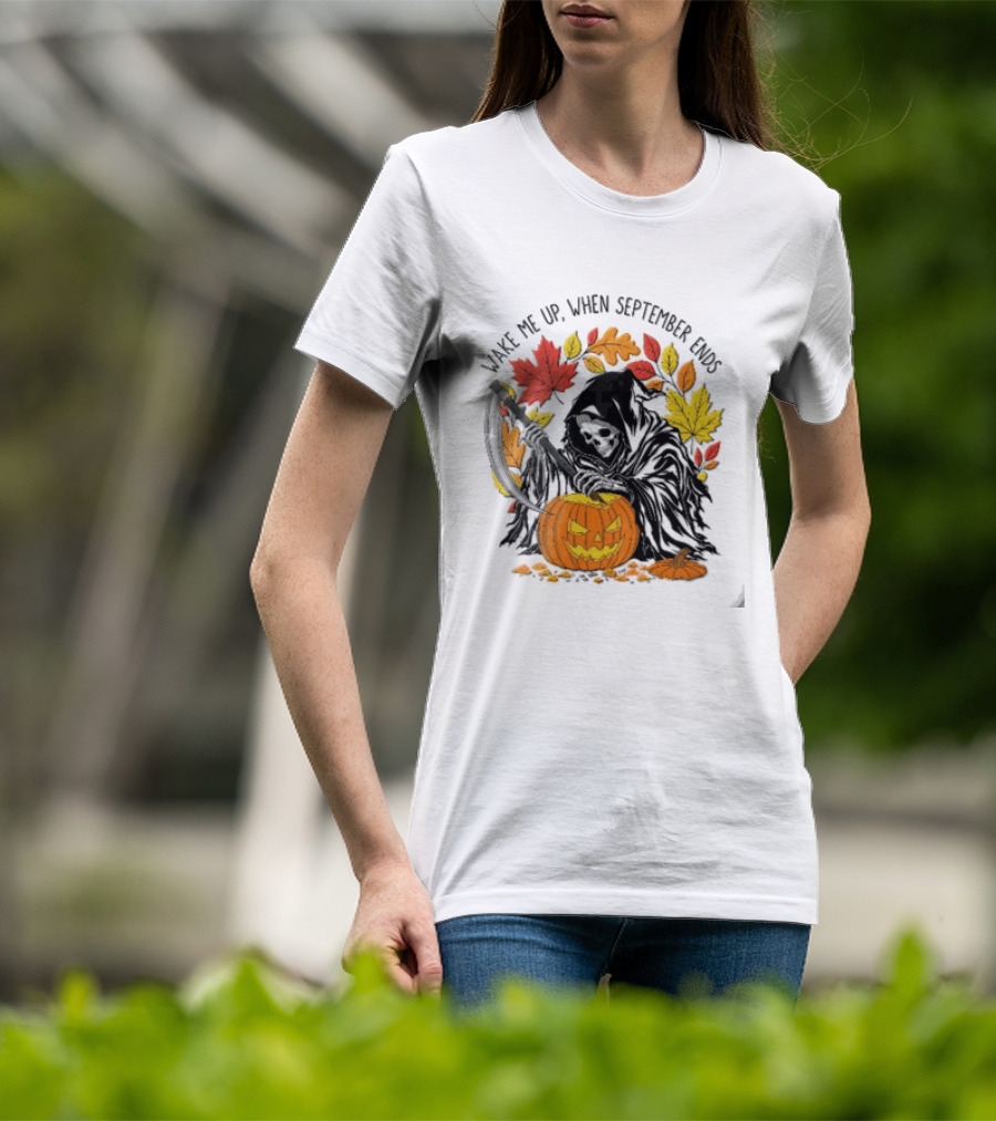 Wake Me Up When September Ends Grim Reaper Carving Jack O Lantern Autumn Leaves T-Shirt