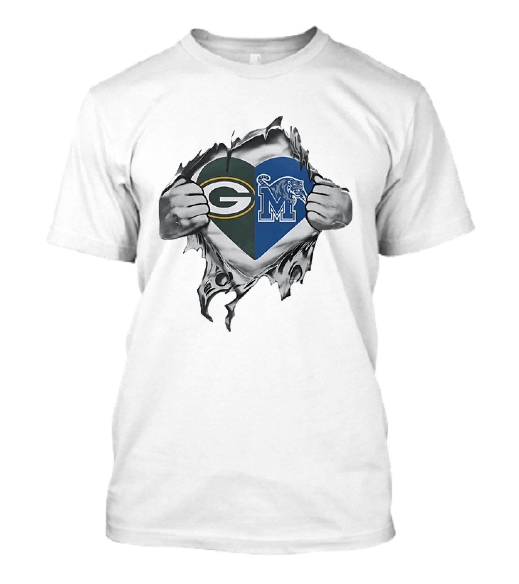 Green Bay Packers Memphis Tigers Heart Symbol Fusion T-Shirt