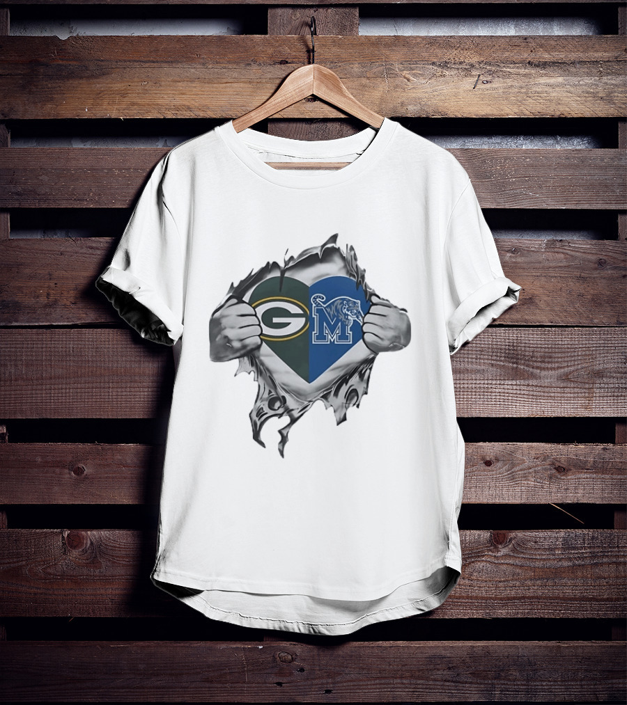 Green Bay Packers Memphis Tigers Heart Symbol Fusion T-Shirt