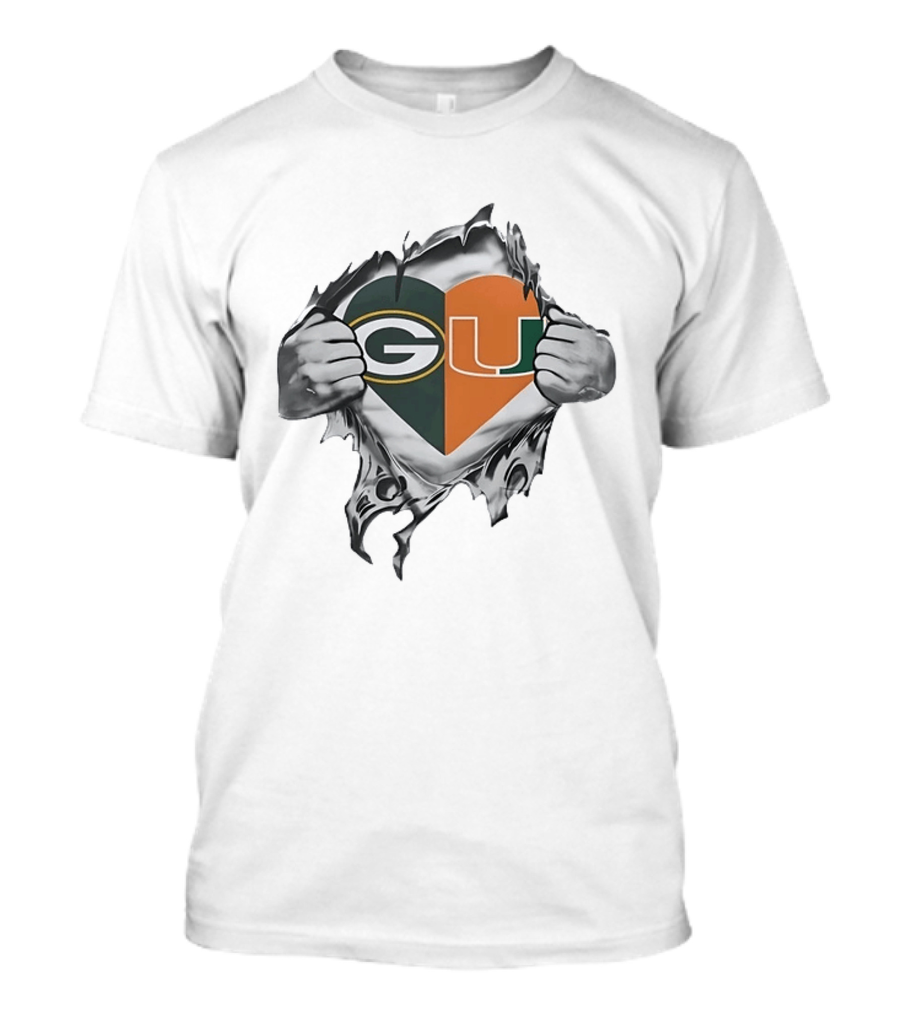 Green Bay Packers Miami Hurricanes Heart G U Logo Tear T-Shirt