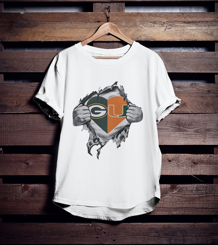Green Bay Packers Miami Hurricanes Heart G U Logo Tear T-Shirt