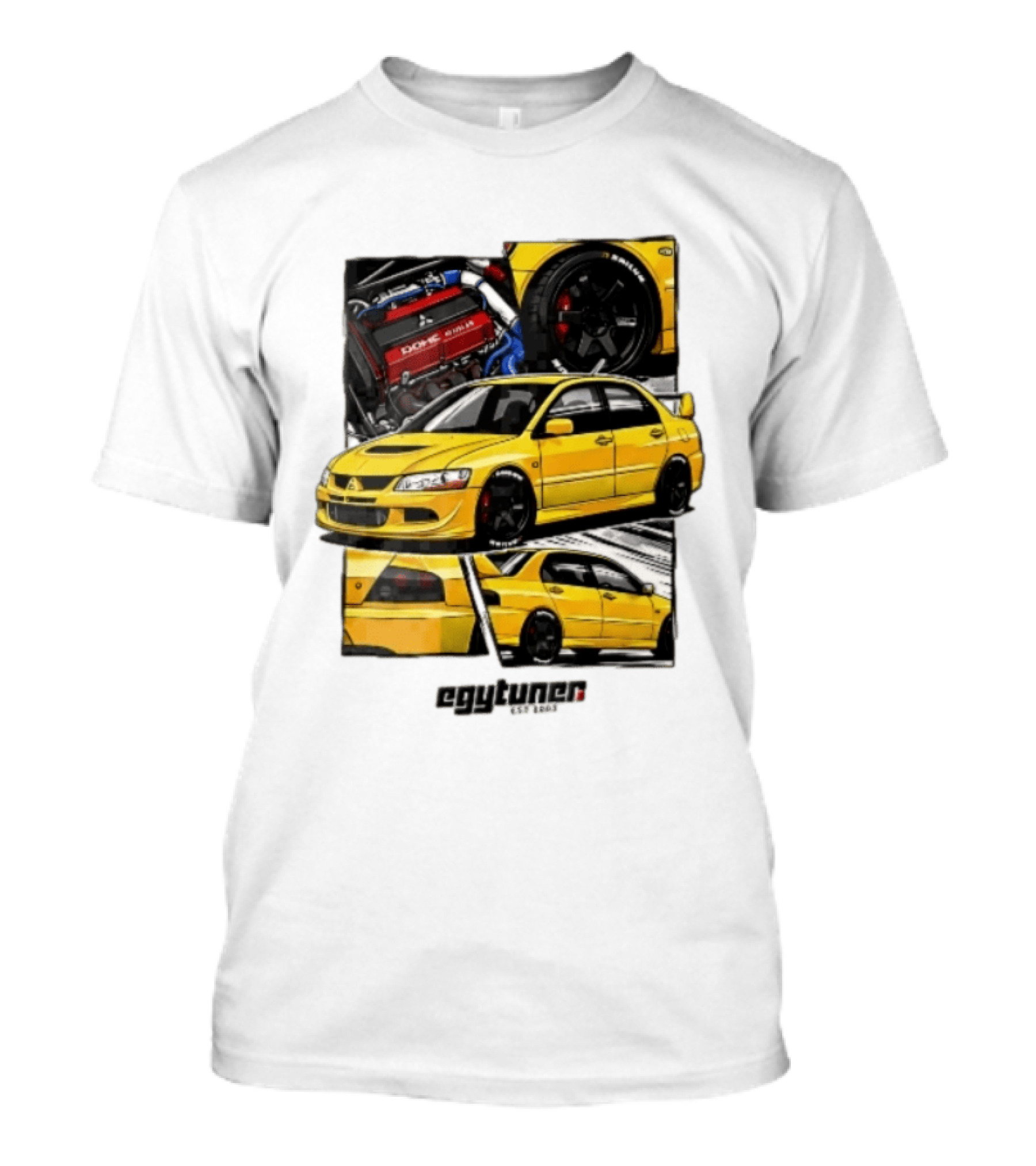Mitsubishi Egytuner Est 2003 Yellow Lancer Evolution Engine Wheel Panels T-Shirt