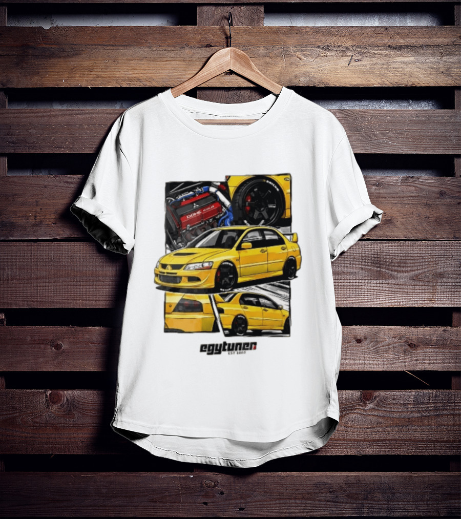 Mitsubishi Egytuner Est 2003 Yellow Lancer Evolution Engine Wheel Panels T-Shirt