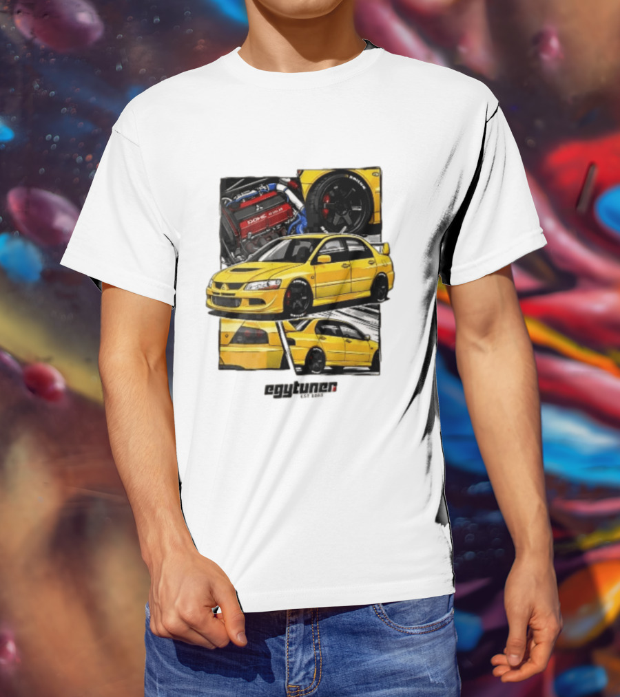 Mitsubishi Egytuner Est 2003 Yellow Lancer Evolution Engine Wheel Panels T-Shirt