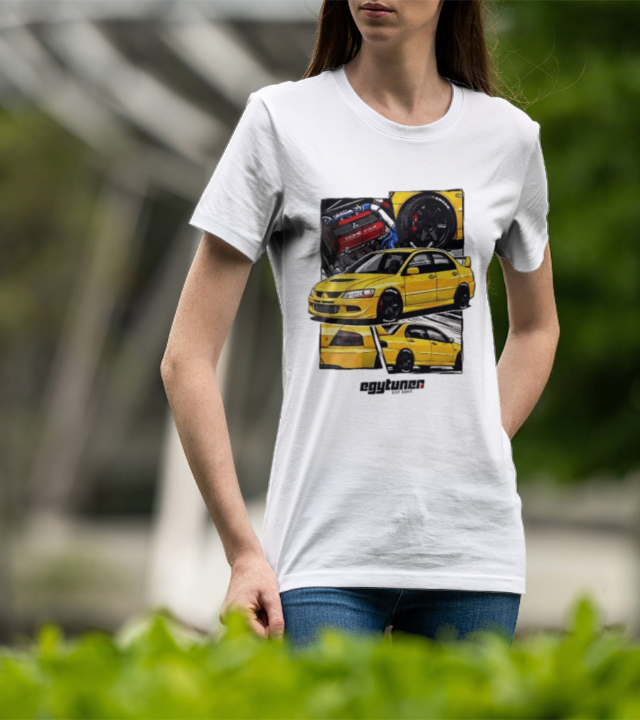 Mitsubishi Egytuner Est 2003 Yellow Lancer Evolution Engine Wheel Panels T-Shirt