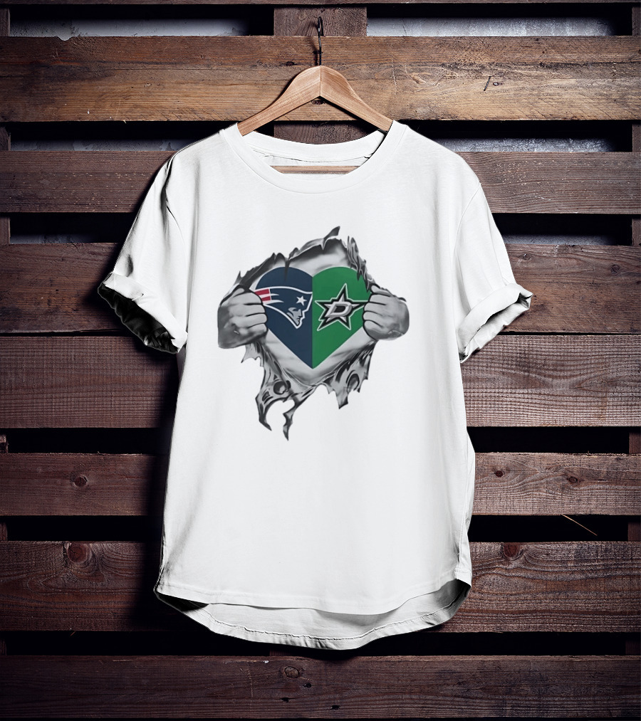 New England Patriots Dallas Stars Heart Split Design Fans T-Shirt