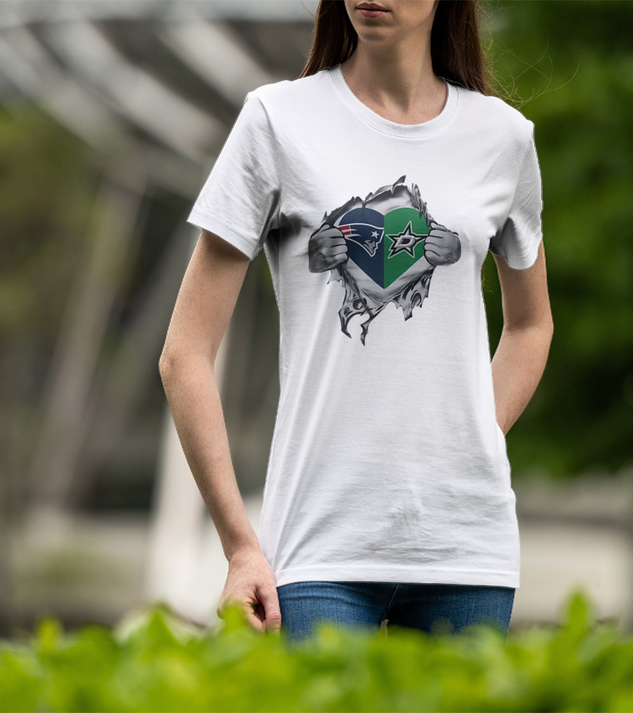 New England Patriots Dallas Stars Heart Split Design Fans T-Shirt