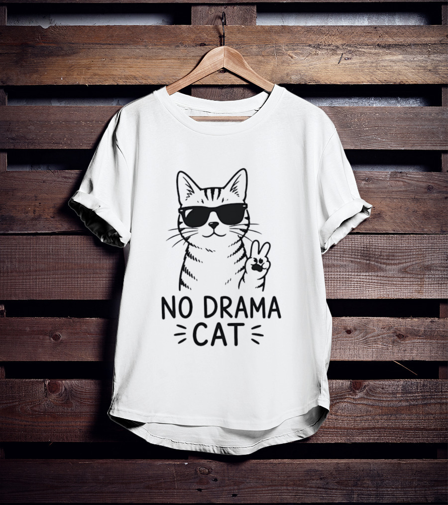 No Drama Cat Sunglasses Peace Sign T-Shirt