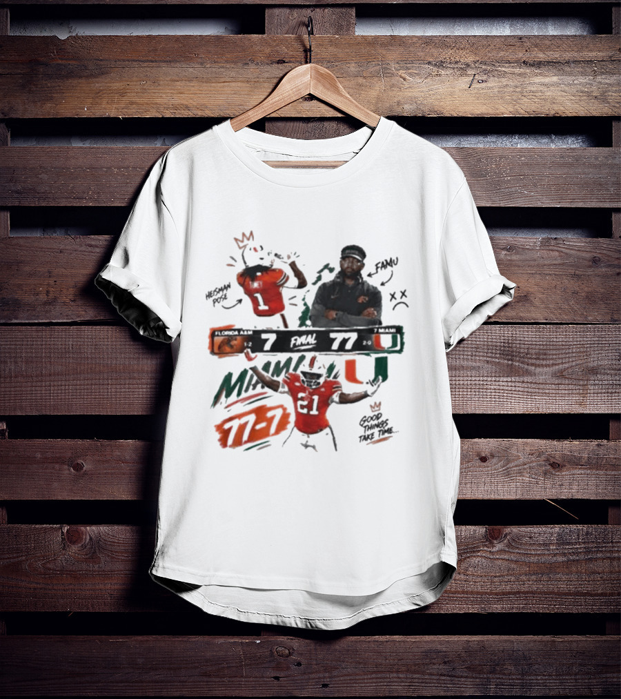 Miami 77 Final Florida A&M 7 College Football Game Highlights T-Shirt