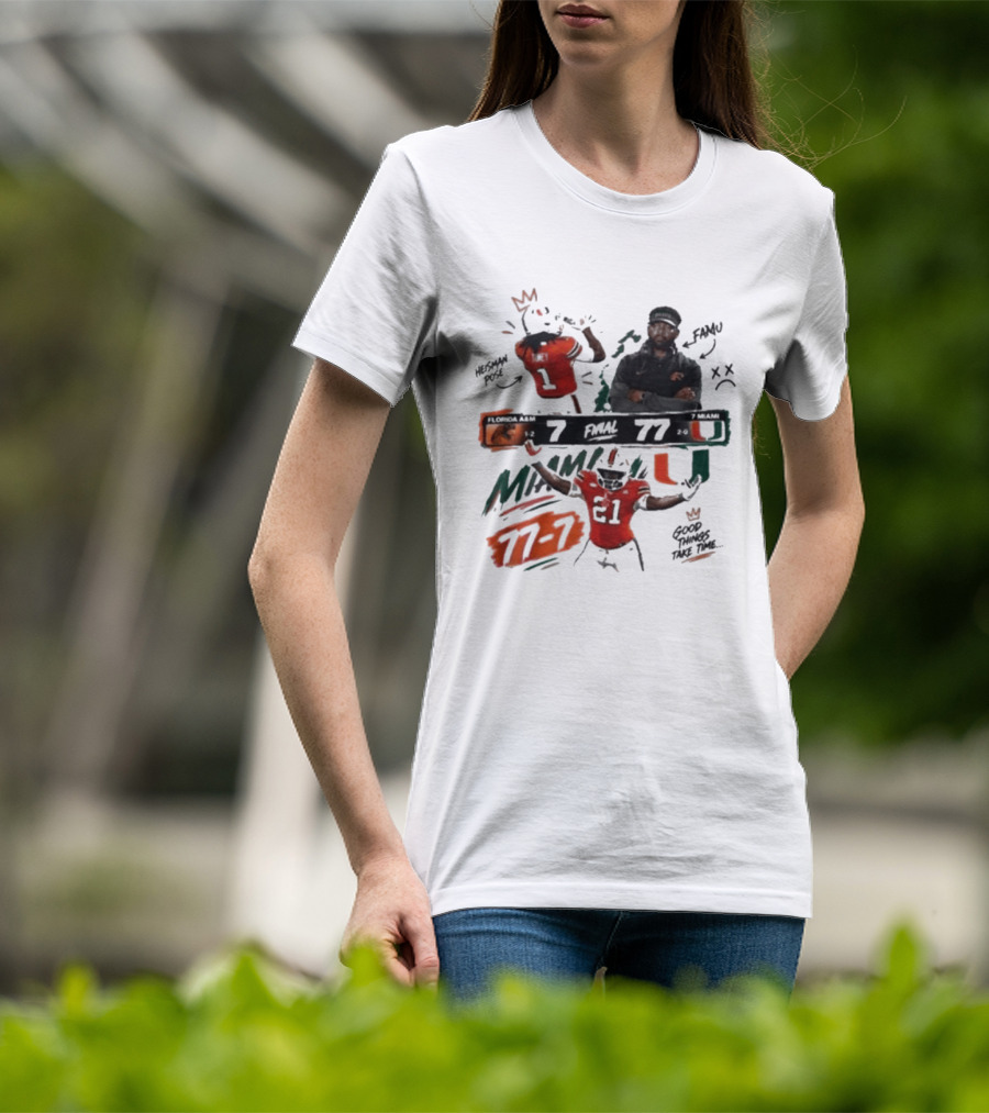 Miami 77 Final Florida A&M 7 College Football Game Highlights T-Shirt