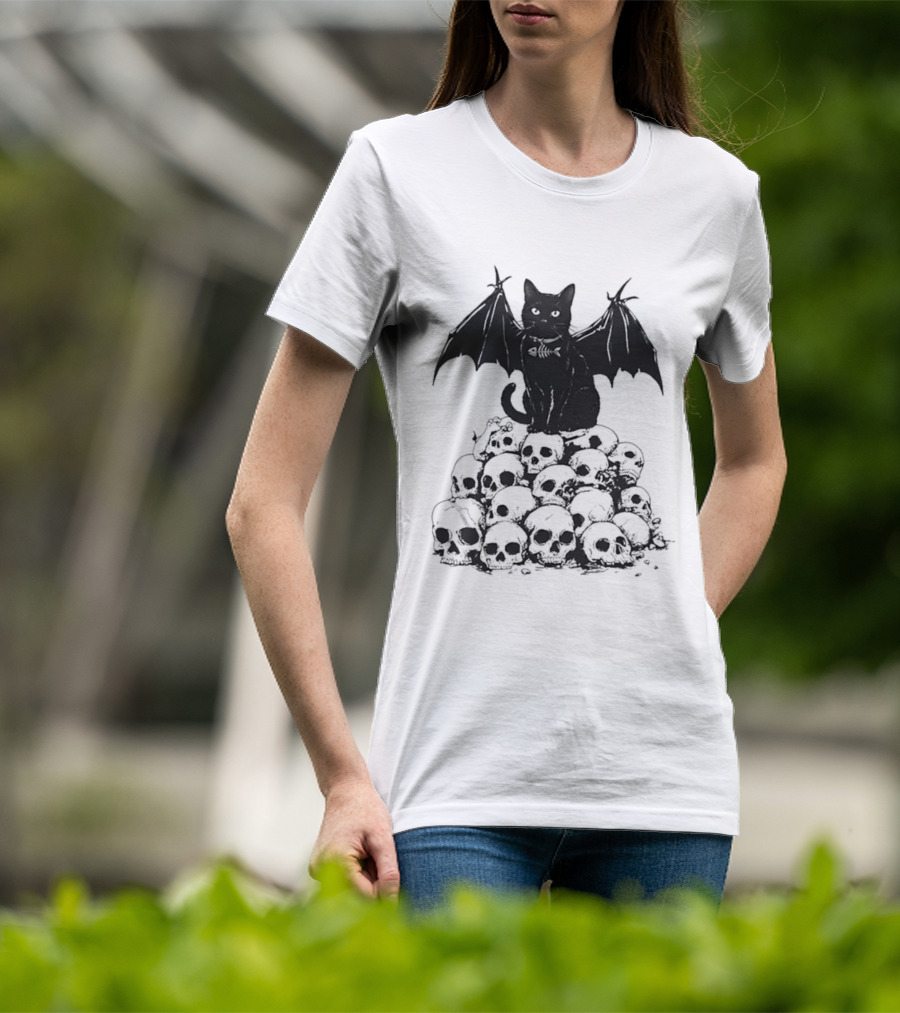 Black Bat Cat Sitting On Human Skulls T-Shirt