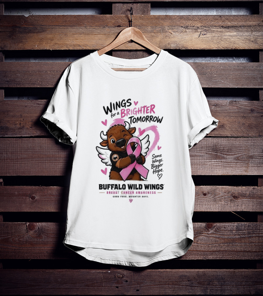 Wings For A Brighter Tomorrow Buffalo Wild Wings Breast Cancer Awareness Pink Ribbon Hearts T-Shirt