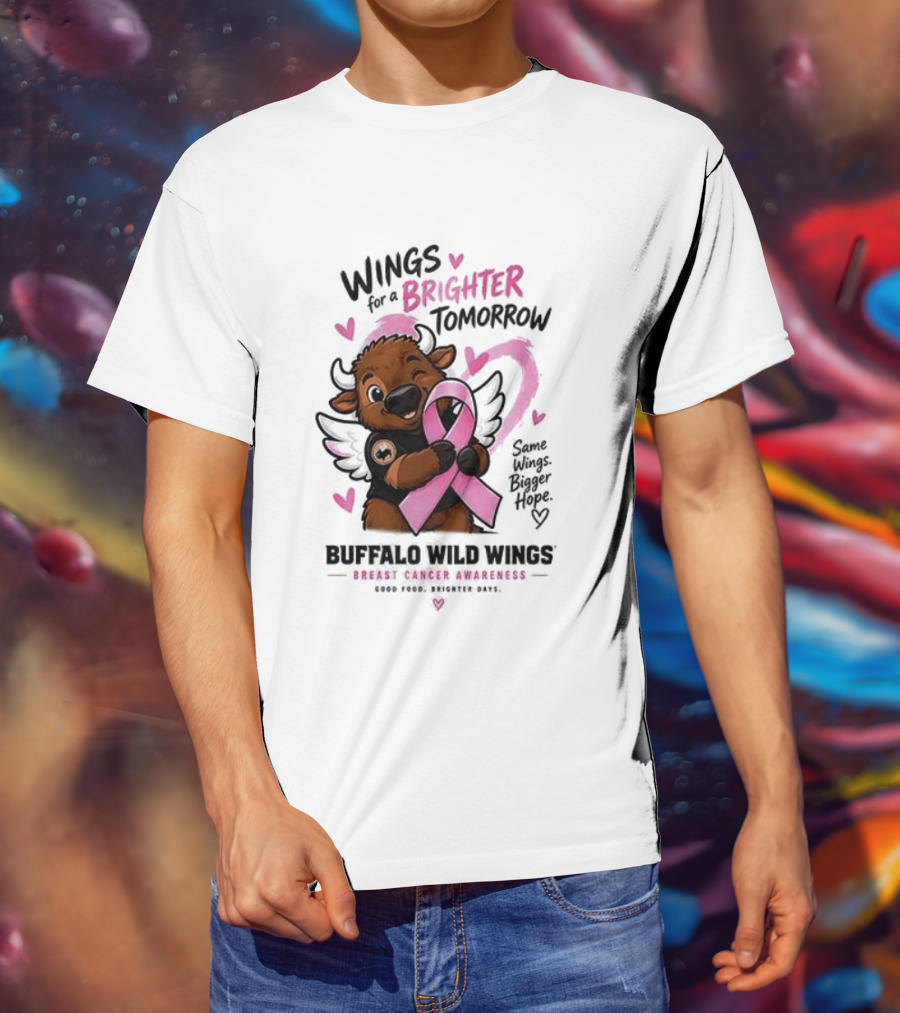 Wings For A Brighter Tomorrow Buffalo Wild Wings Breast Cancer Awareness Pink Ribbon Hearts T-Shirt
