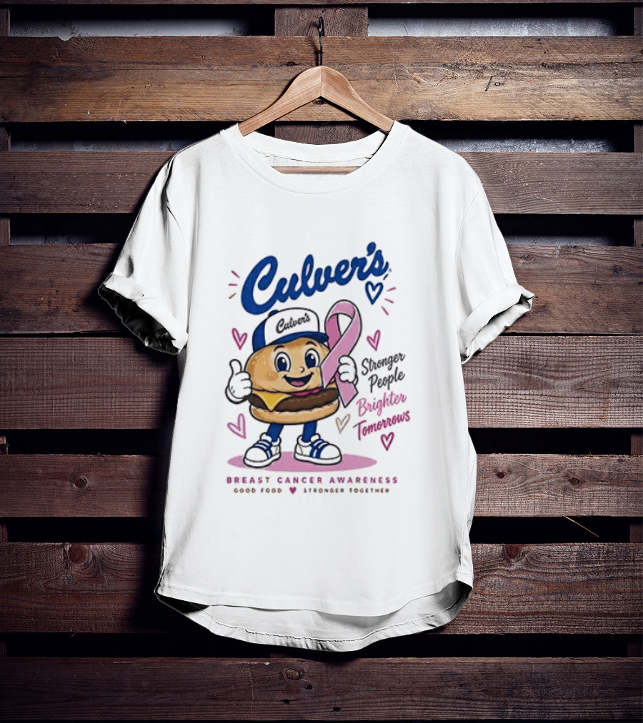 Culver's Breast Cancer Awareness Stronger People Brighter Tomorrows Burger Character With Pink Ribbon T-Shirt