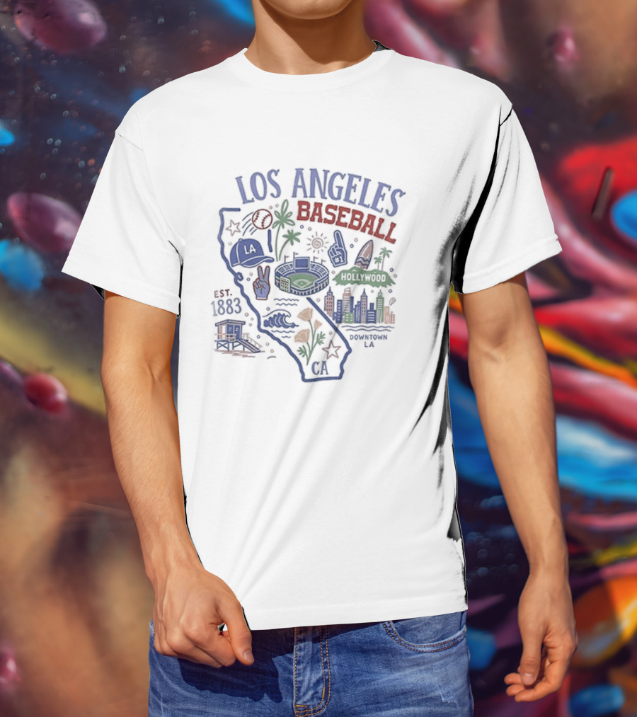 Los Angeles Baseball Est 1883 California Map Stadium And Poppy Flowers T-Shirt