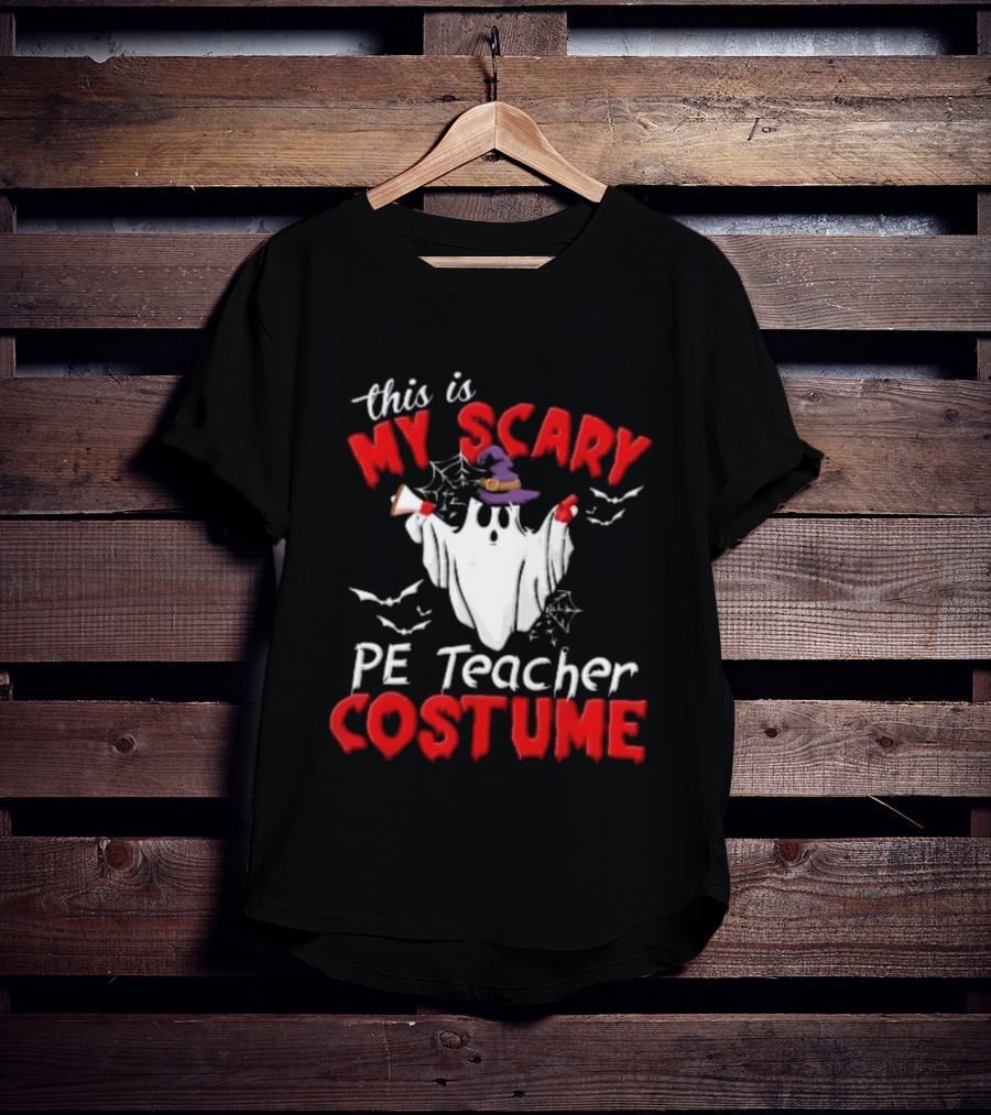 Scary PE Teacher Costume Ghost Witch Hat Whistle Megaphone Halloween T-Shirt
