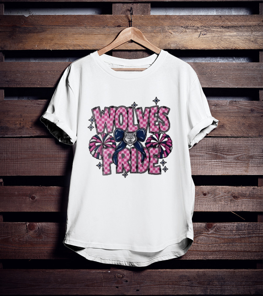 Wolves Pride Pink Checkered Cheerleading Pompoms And Wolf Bow T-Shirt