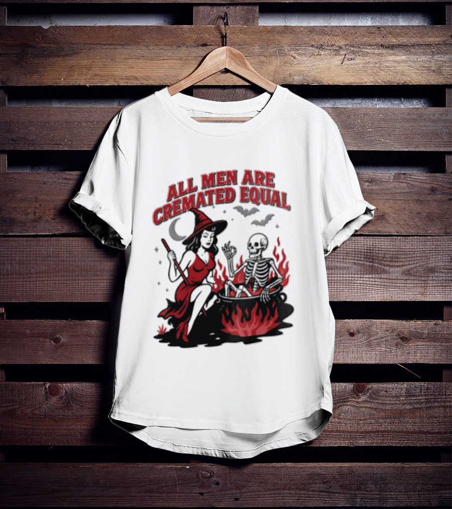 All Men Are Cremated Equal Witch Skeleton Cauldron Halloween T-Shirt