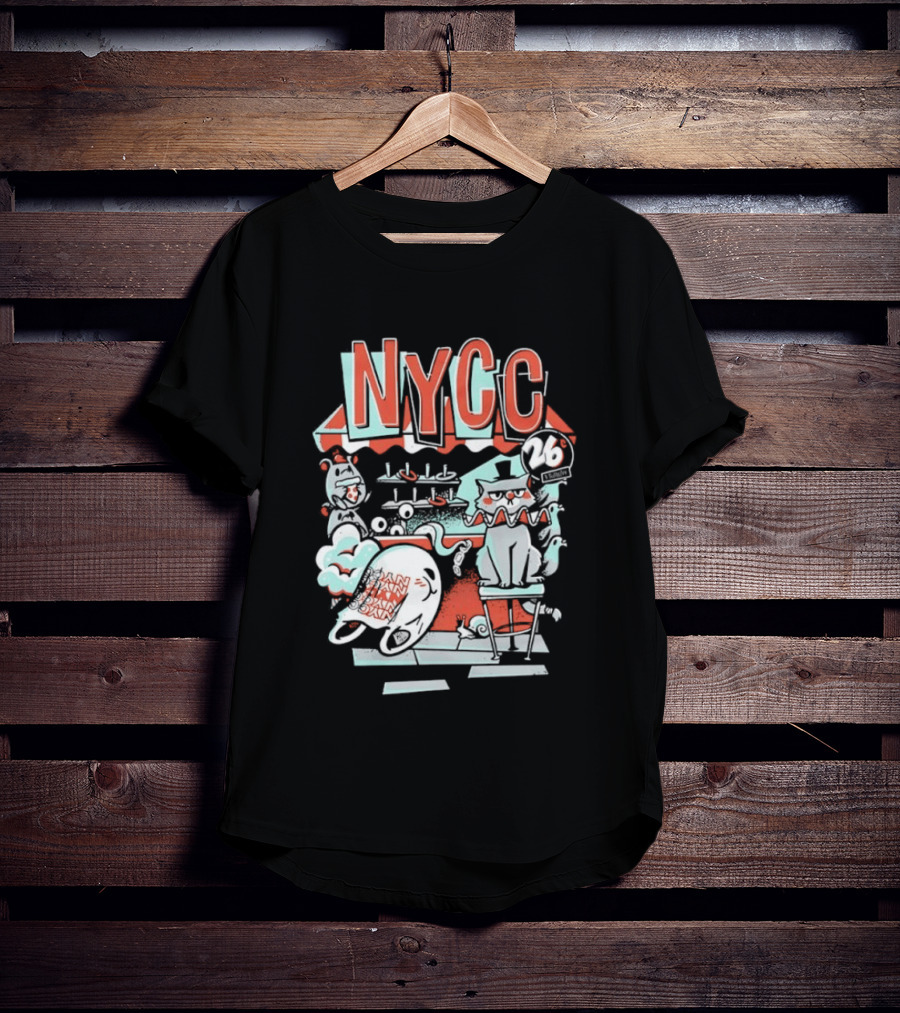 NYCC 26 Cent 1 Throw Carnival Cat Retro Style Comic Fairground Fun T-Shirt