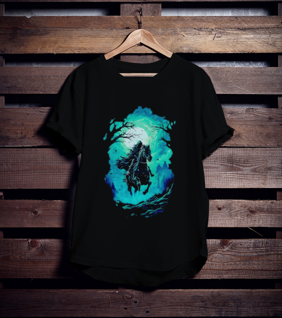 Headless Horseman Eerie Night Ride Through Spooky Forest T-Shirt