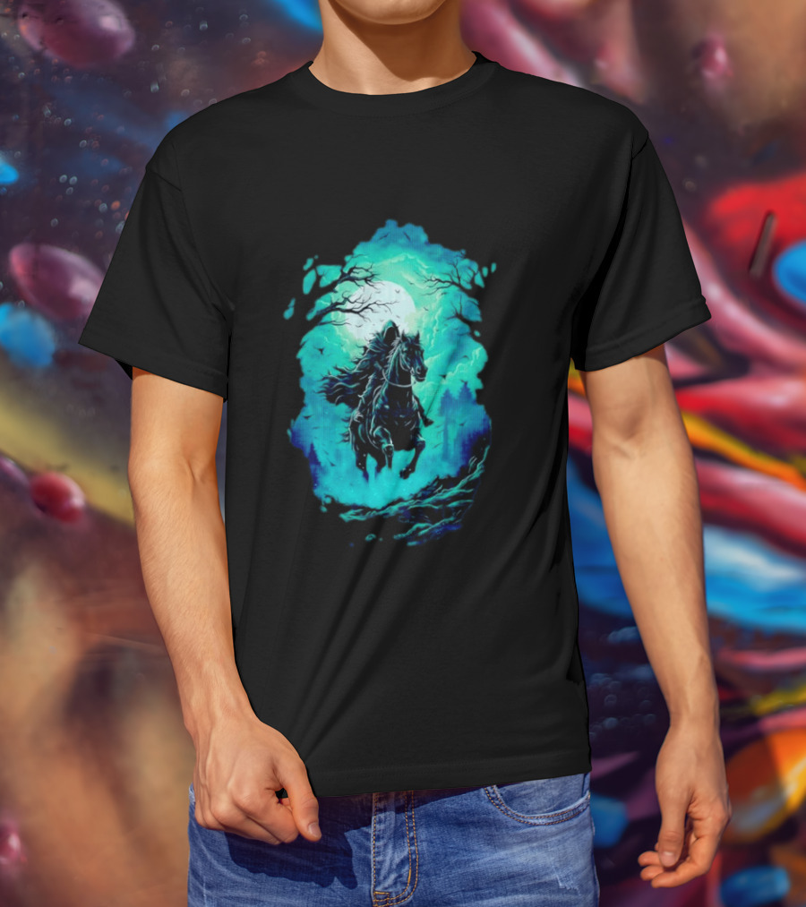 Headless Horseman Eerie Night Ride Through Spooky Forest T-Shirt