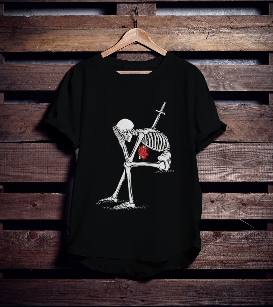 Sad Skeleton With Sword And Bleeding Heart Drawing T-Shirt