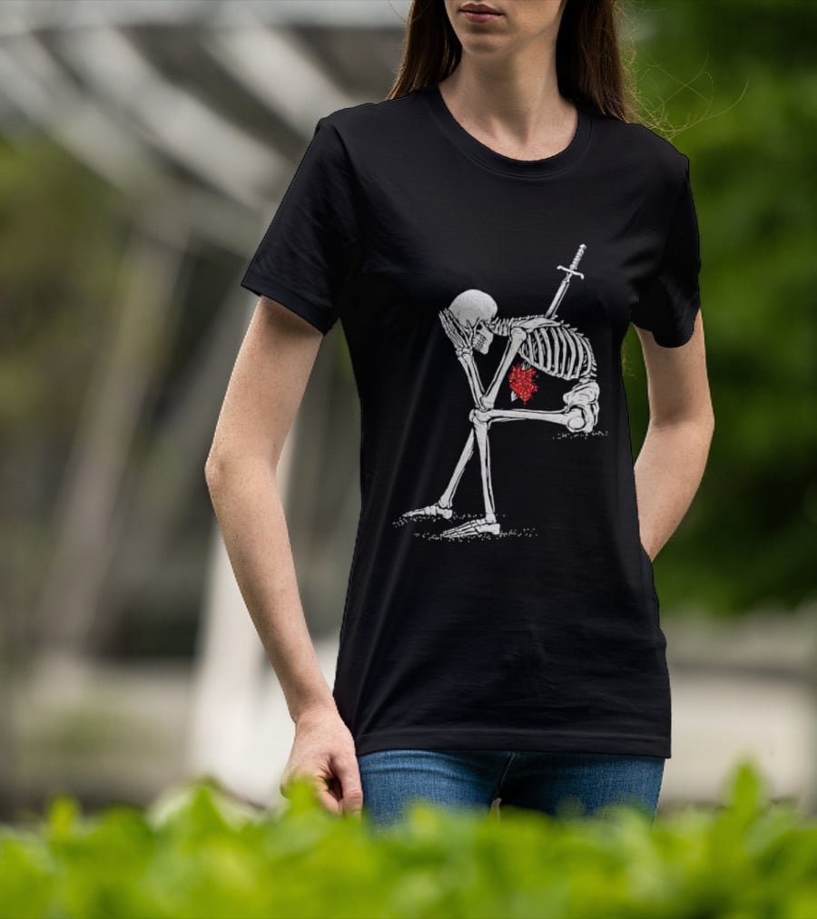 Sad Skeleton With Sword And Bleeding Heart Drawing T-Shirt