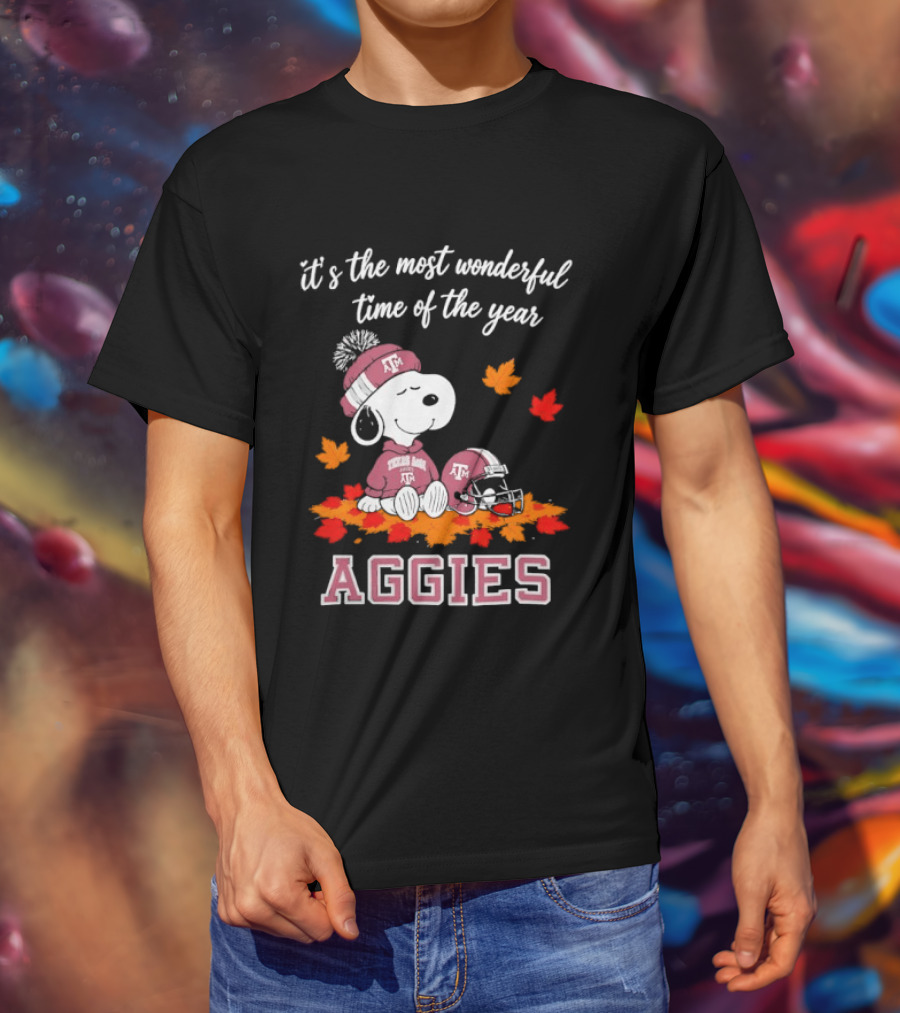 Snoopy It's The Most Wonderful Time Of The Year Texas A&M Aggies Autumn Leaves T-Shirt