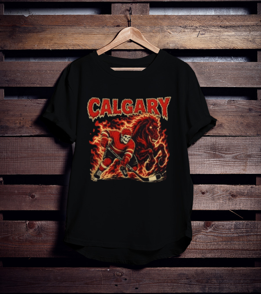 Calgary Flames Skeleton Hockey Player With Fiery Horse T-Shirt
