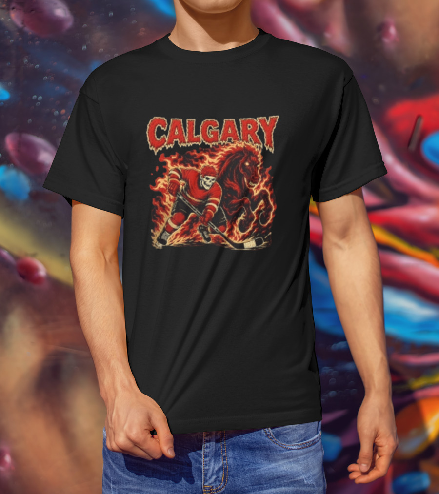 Calgary Flames Skeleton Hockey Player With Fiery Horse T-Shirt