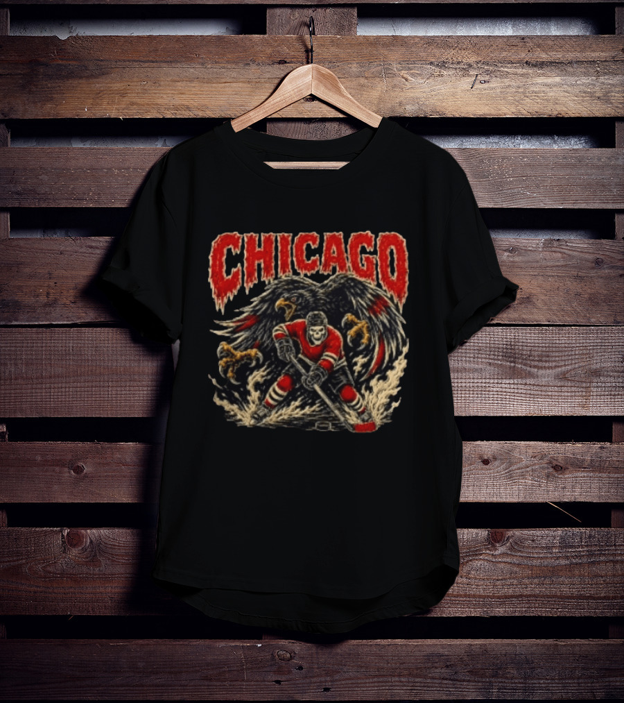Chicago Blackhawks Skeleton Hockey Player With Hawk Wings T-Shirt