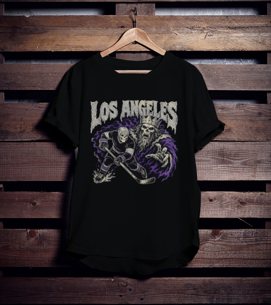 Los Angeles Kings Skeleton Hockey Player With Crowned King In Purple Cloak T-Shirt