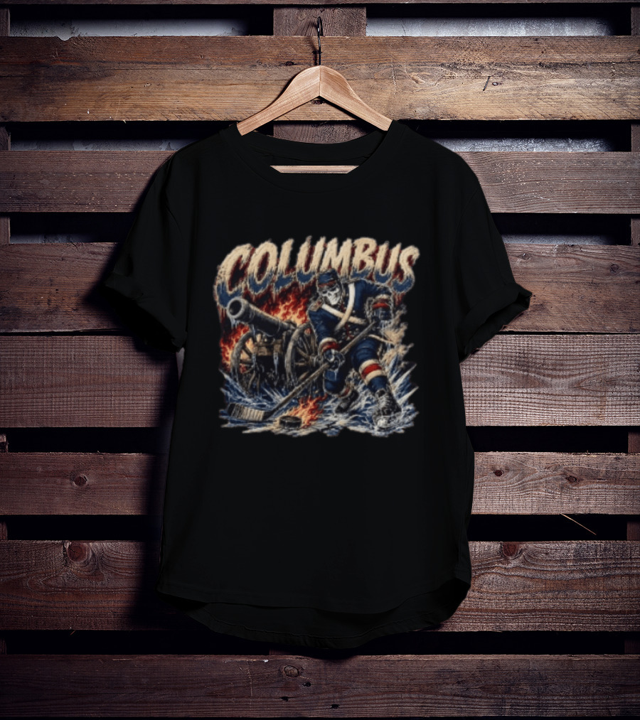 Columbus Blue Jackets Skeleton Hockey Player With Cannon And Ice T-Shirt