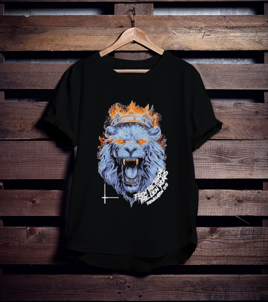 From The Throne The Lion Roars Revelation 5 5 Blue Flame Crown Lionhead T-Shirt