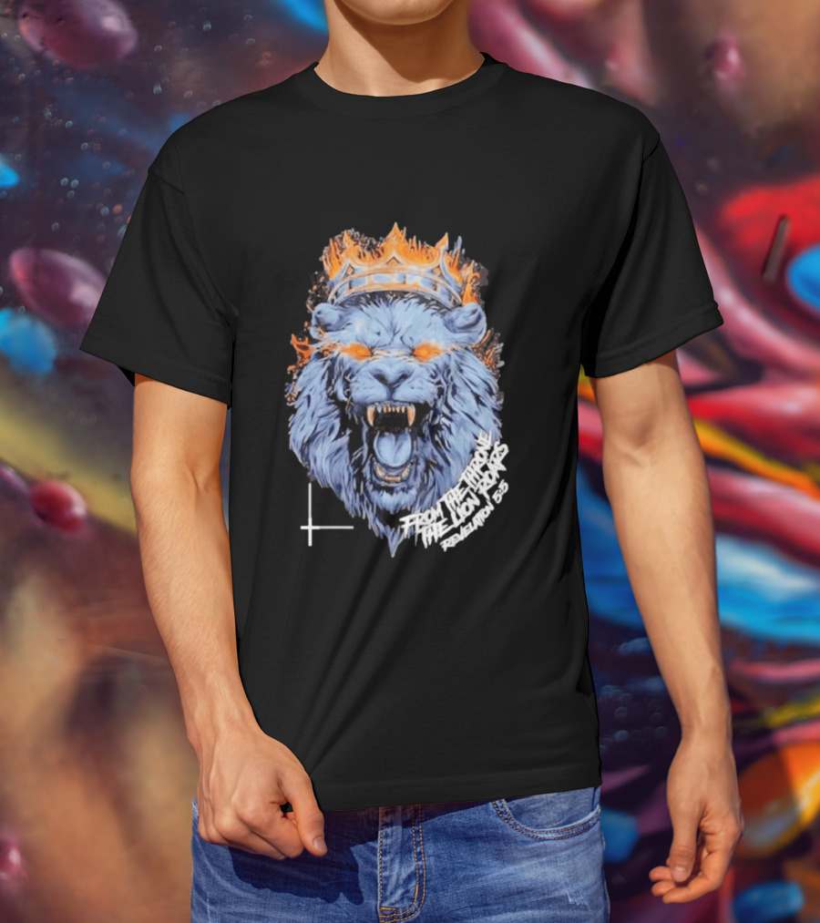 From The Throne The Lion Roars Revelation 5 5 Blue Flame Crown Lionhead T-Shirt