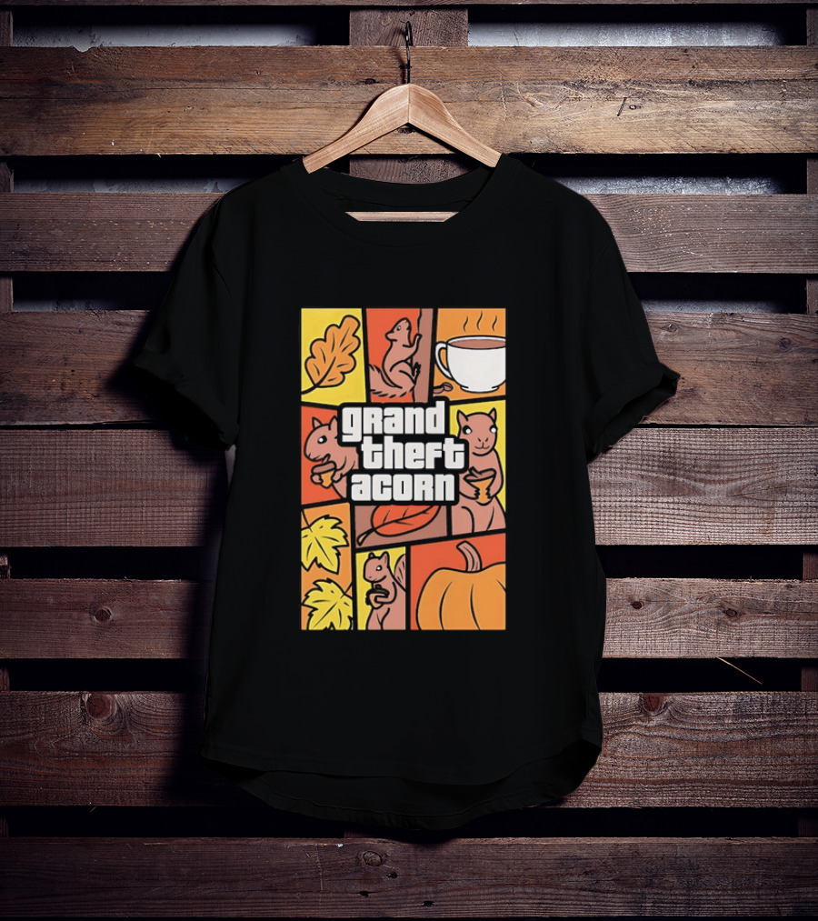 Grand Theft Acorn Autumn Squirrel Coffee Pumpkin Leaves T-Shirt