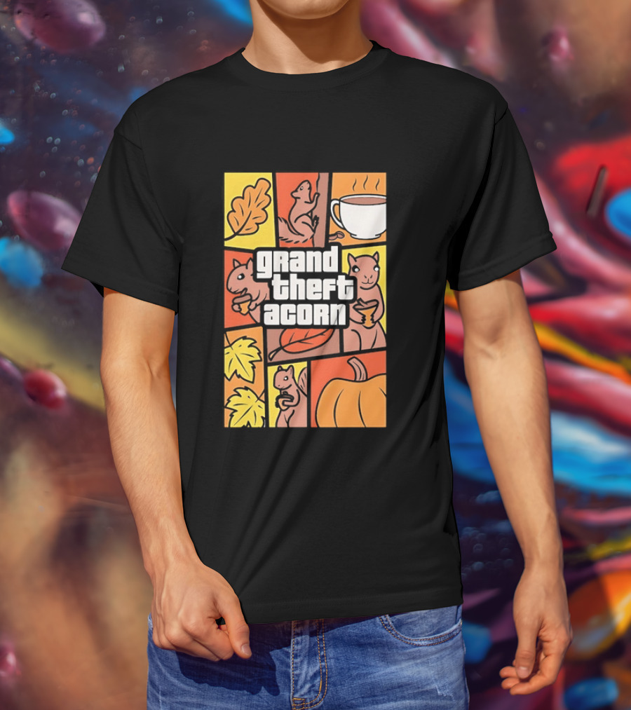 Grand Theft Acorn Autumn Squirrel Coffee Pumpkin Leaves T-Shirt