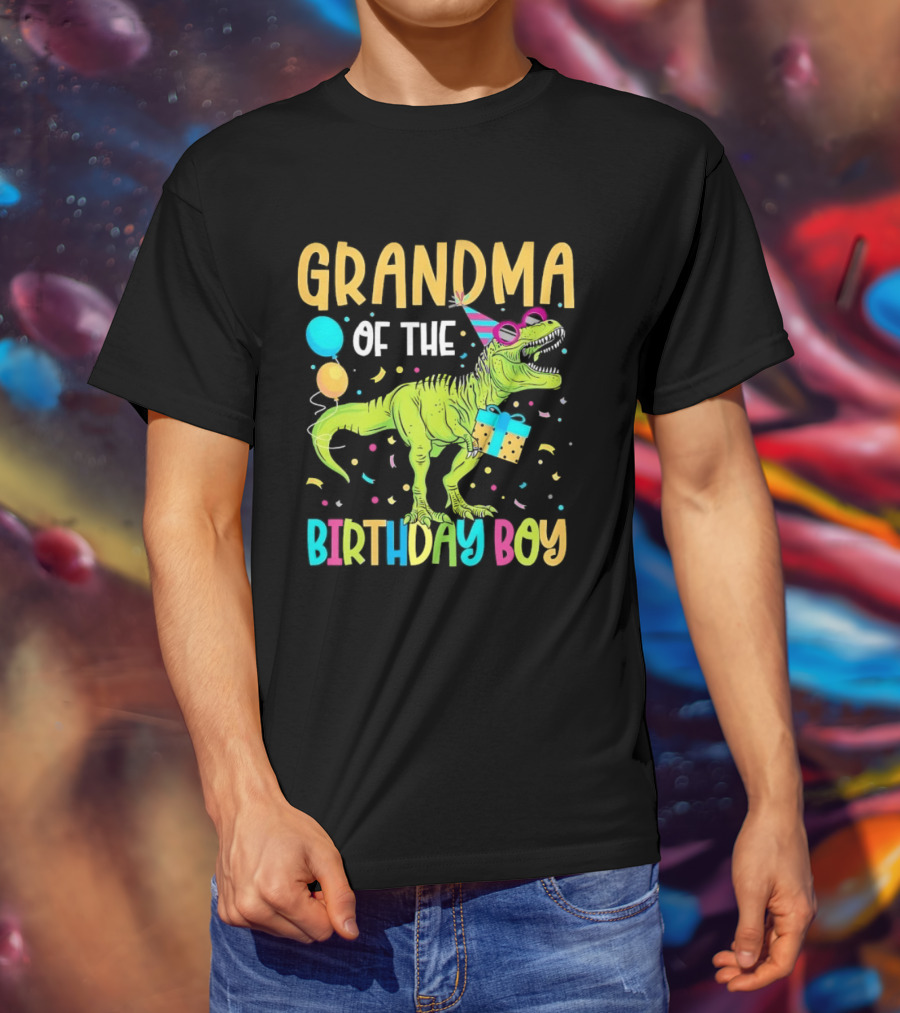 Grandma Of The Birthday Boy Dinosaur Party Balloons And Gift Celebration T-Shirt