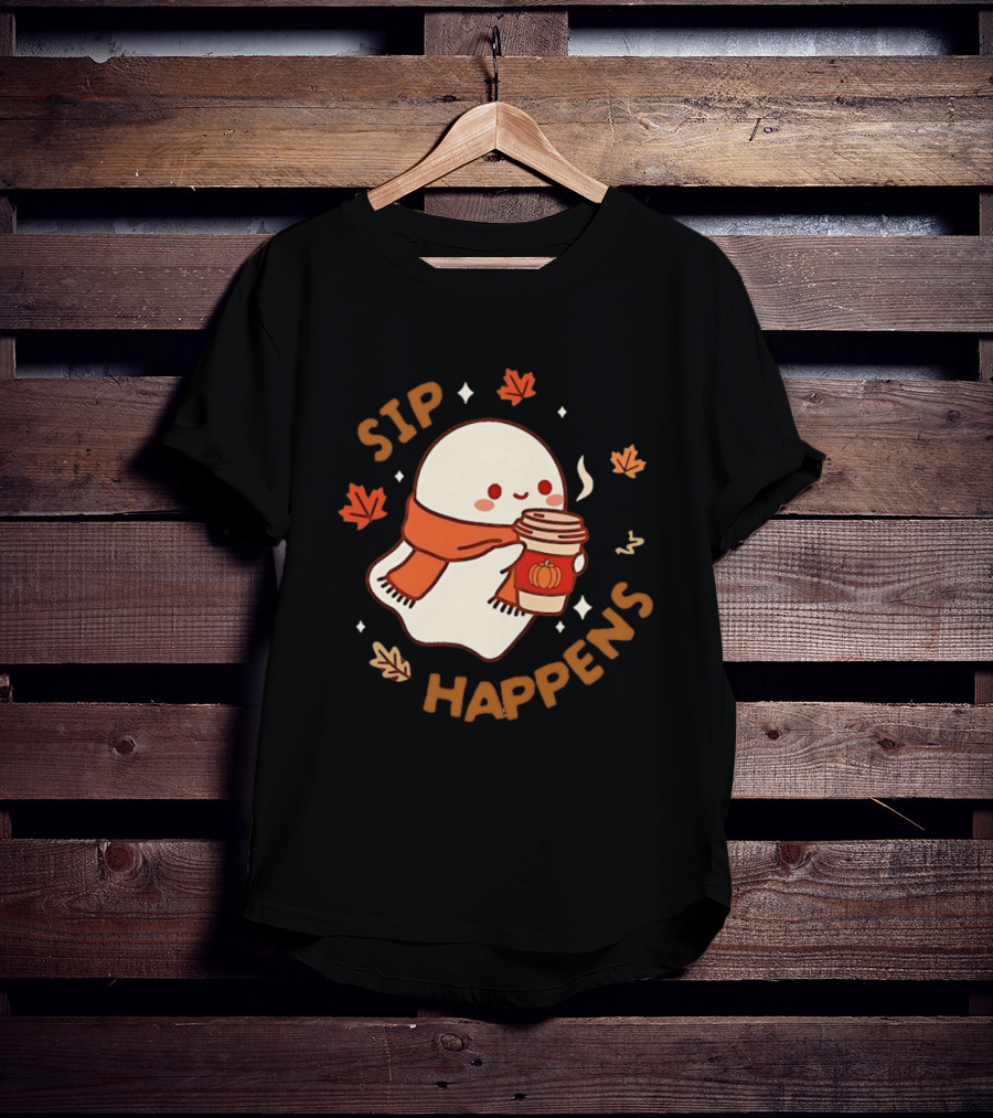 Sip Happens Ghost Pumpkin Spice Latte With Leaves And Scarf T-Shirt