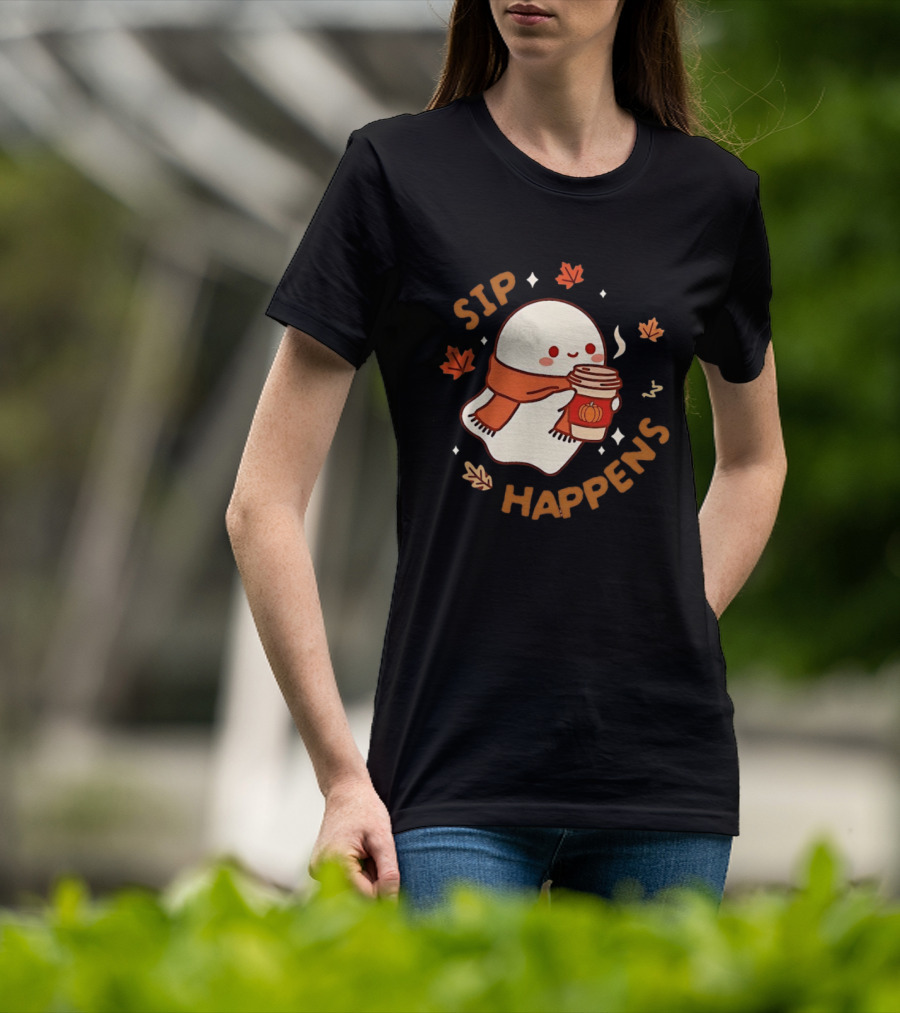 Sip Happens Ghost Pumpkin Spice Latte With Leaves And Scarf T-Shirt